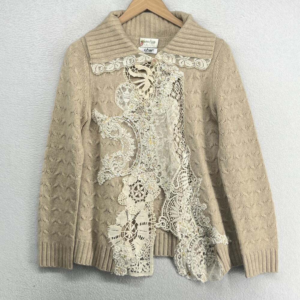 CHAR SANTA FE for NEIMAN MARCUS Sweater S Cashmere Cable Lace Cardigan Beige VTG